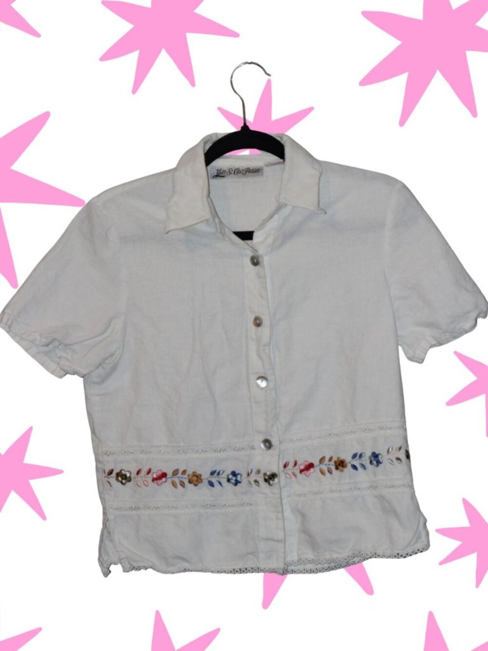 VTG Yves St. Clair Petites 100% linen embroidered button up blouse 6P